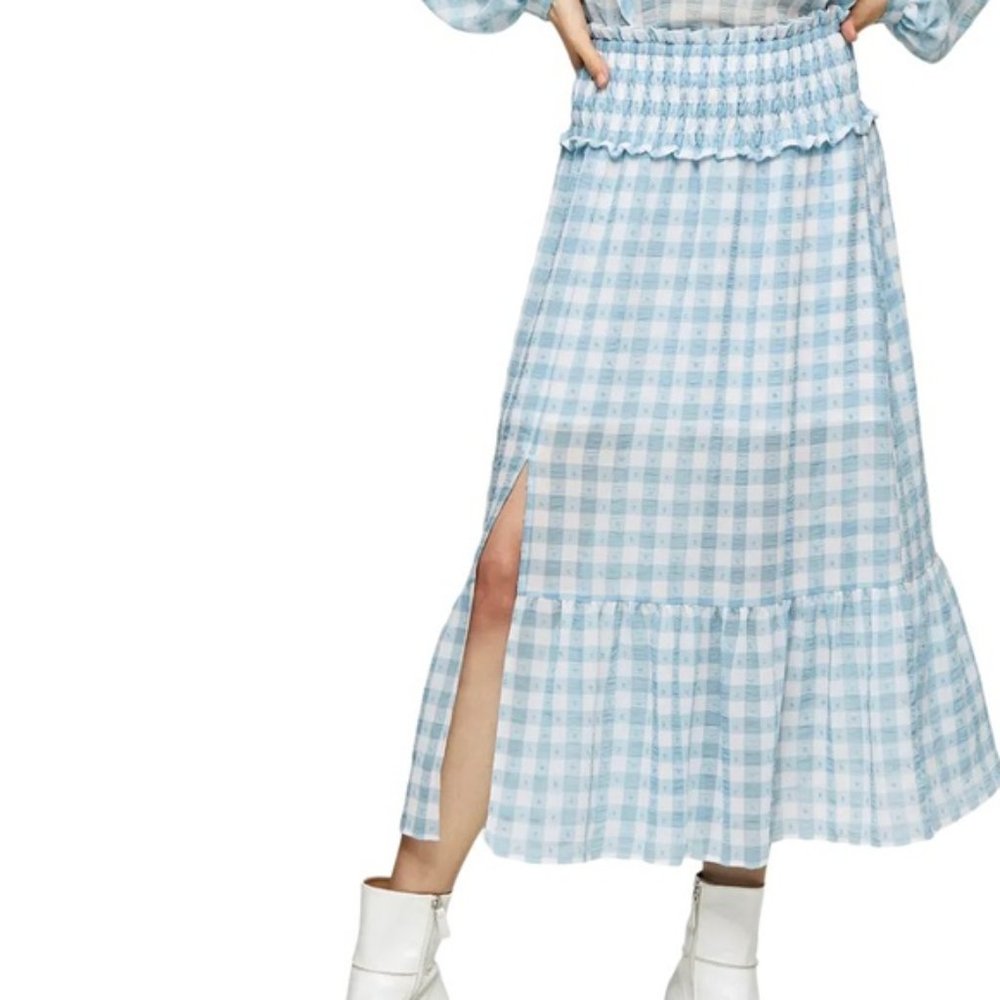 Topshop Blue Gingham Smocked Tiered Midi Skirt 6